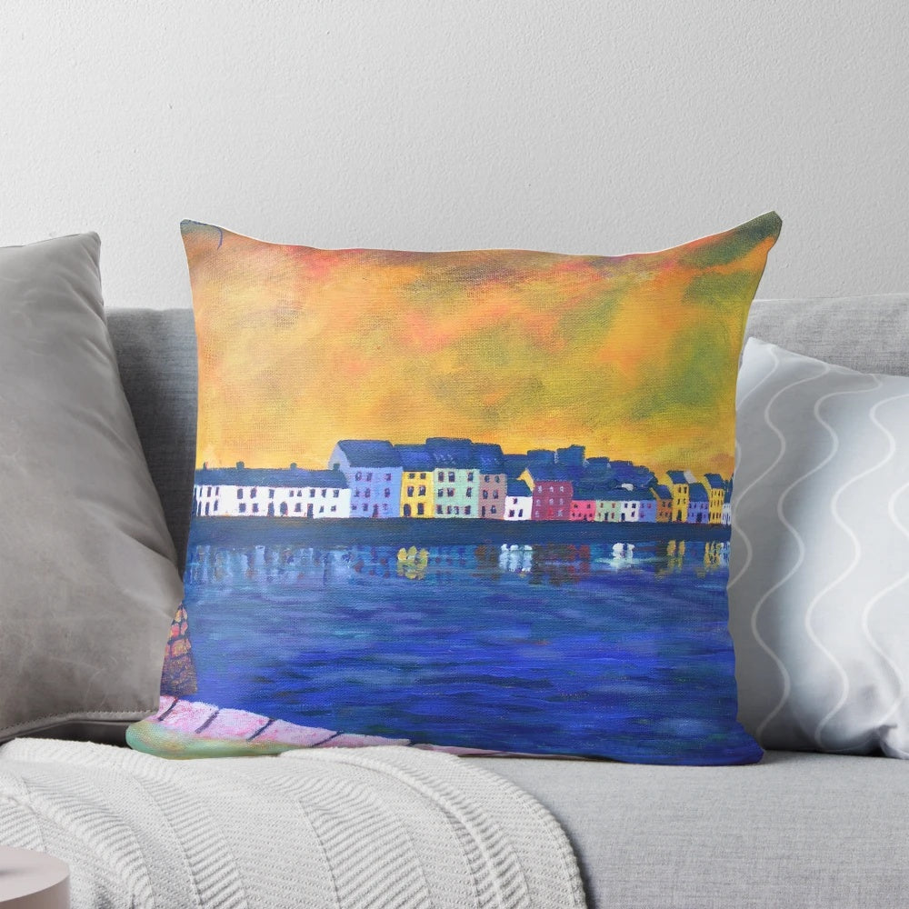 Pillow featuring a scenic view of the Long Walk in Galway, Ireland with the Claddagh and cityscape in the background.