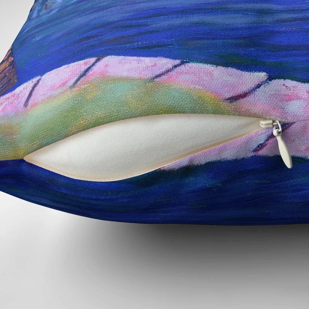 Pillow featuring a scenic view of the Long Walk in Galway, Ireland with the Claddagh and cityscape in the background.