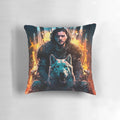 Decorative throw pillow featuring Jon Snow sitting on the Iron Throne with his direwolf Ghost
