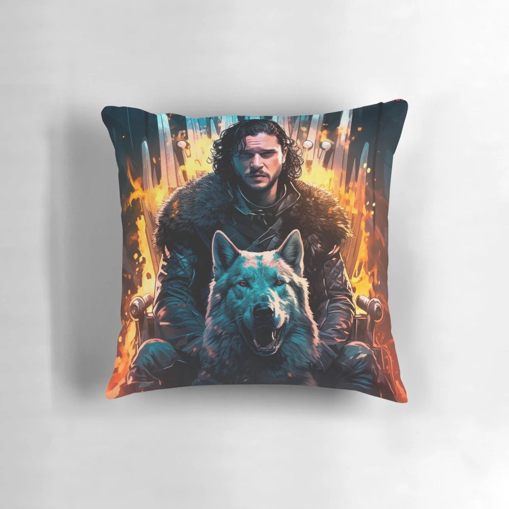 Decorative throw pillow featuring Jon Snow sitting on the Iron Throne with his direwolf Ghost