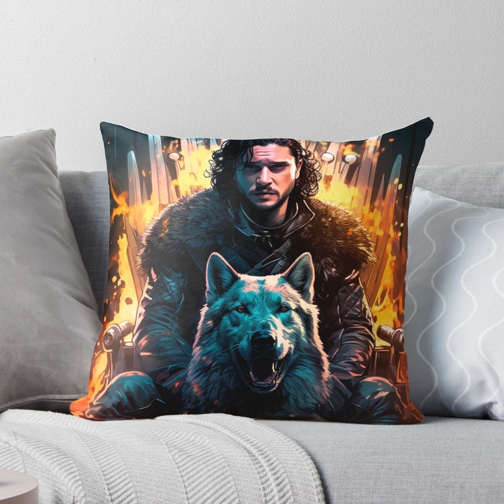 Decorative throw pillow featuring Jon Snow sitting on the Iron Throne with his direwolf Ghost