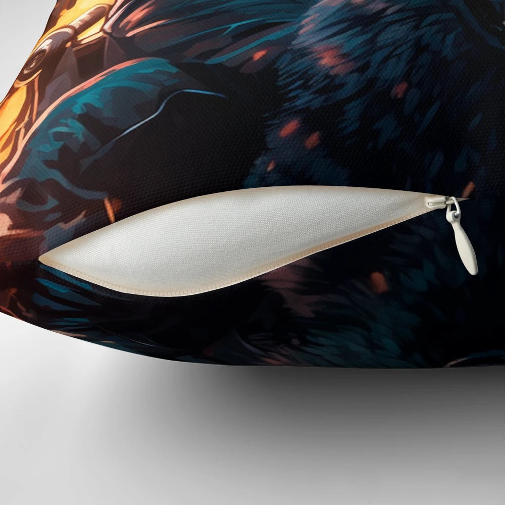 Decorative throw pillow featuring Jon Snow sitting on the Iron Throne with his direwolf Ghost