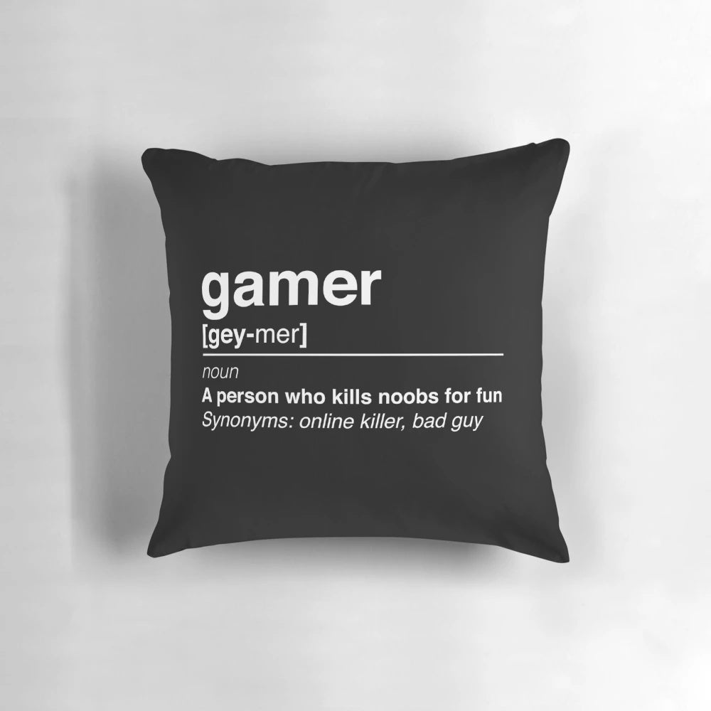 Gamer Definition Gaming Pillow with text "Gamer" on a soft, plush pillow