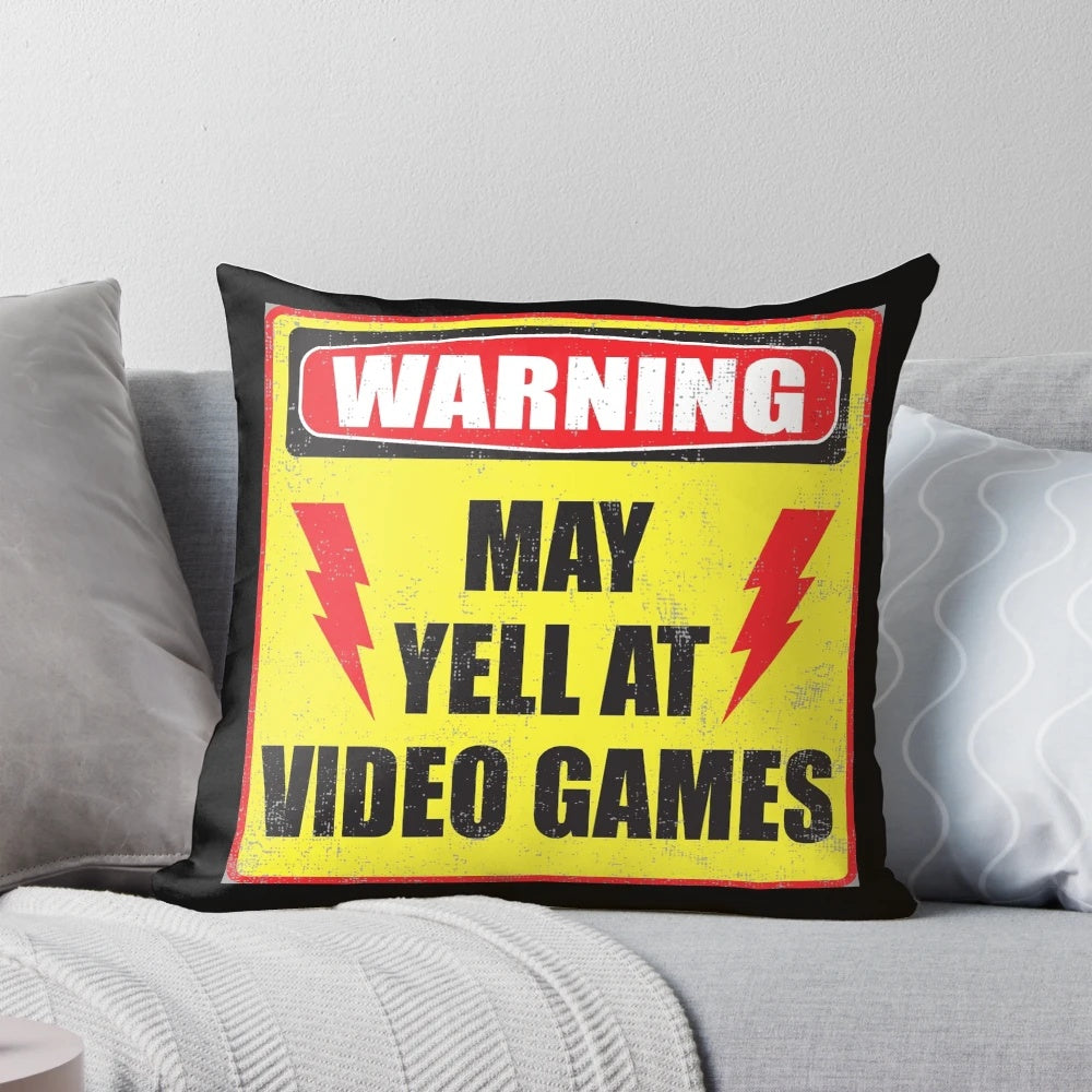 Graphic warning pillow with text "Gamer Warning" for gamers