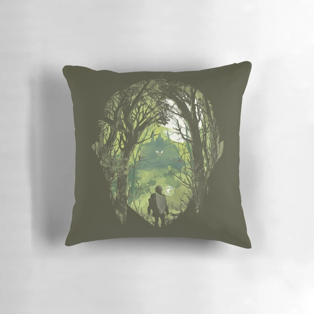 A stylish retro video game-inspired pillow with the iconic 'It's Dangerous to Go Alone' text