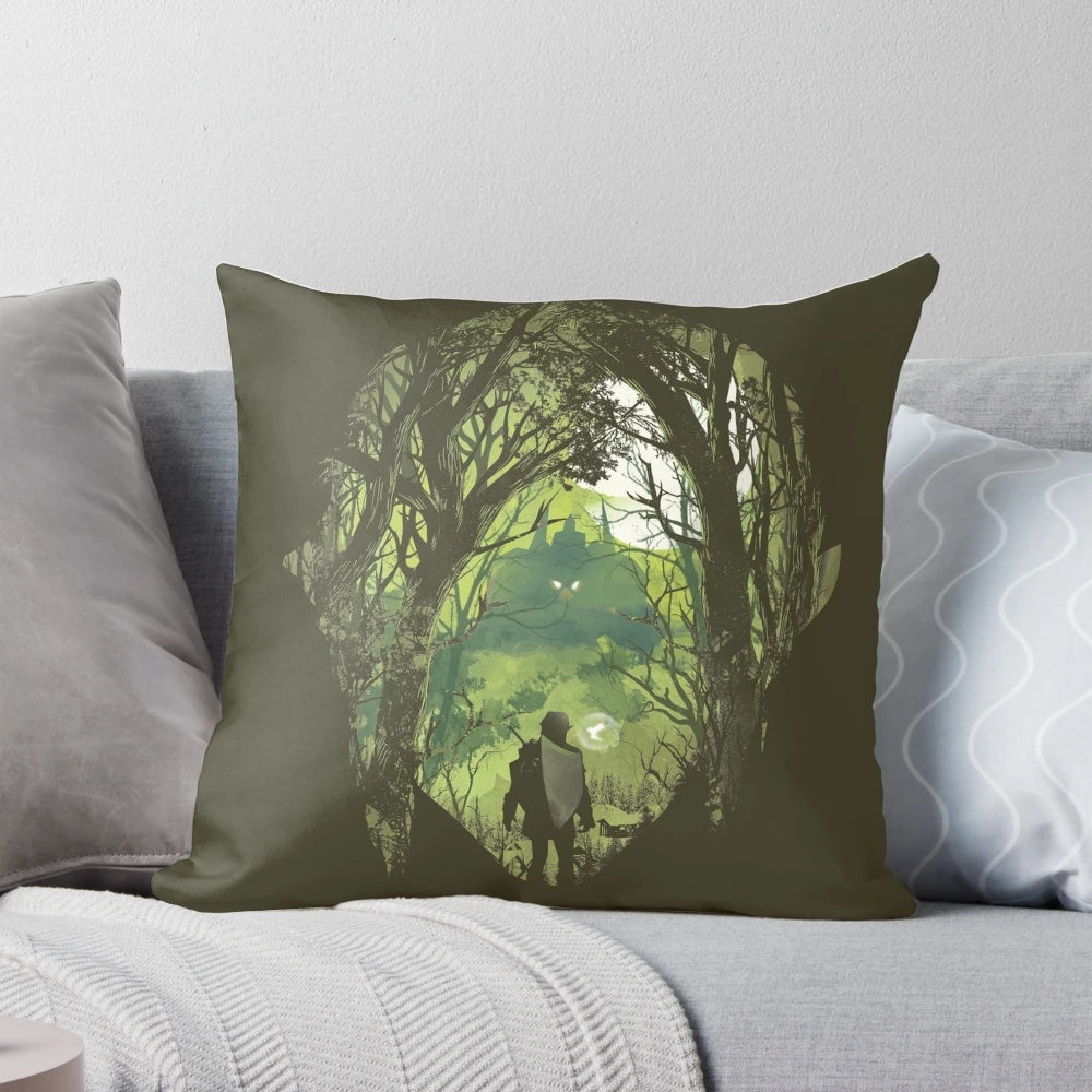 A stylish retro video game-inspired pillow with the iconic 'It's Dangerous to Go Alone' text