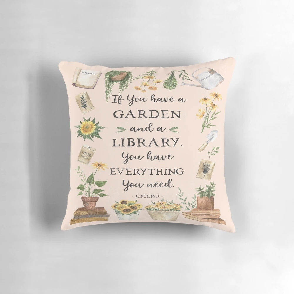 A decorative throw pillow featuring a quote surrounded by illustrations of herbs, sunflowers, and an open book.