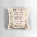 A decorative throw pillow featuring a quote surrounded by illustrations of herbs, sunflowers, and an open book.
