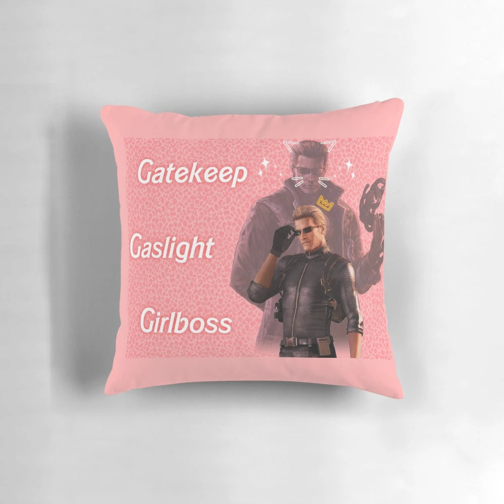 Resident Evil-inspired throw pillow featuring Albert Wesker's iconic "Gaslight, Gatekeep, Girlboss" meme