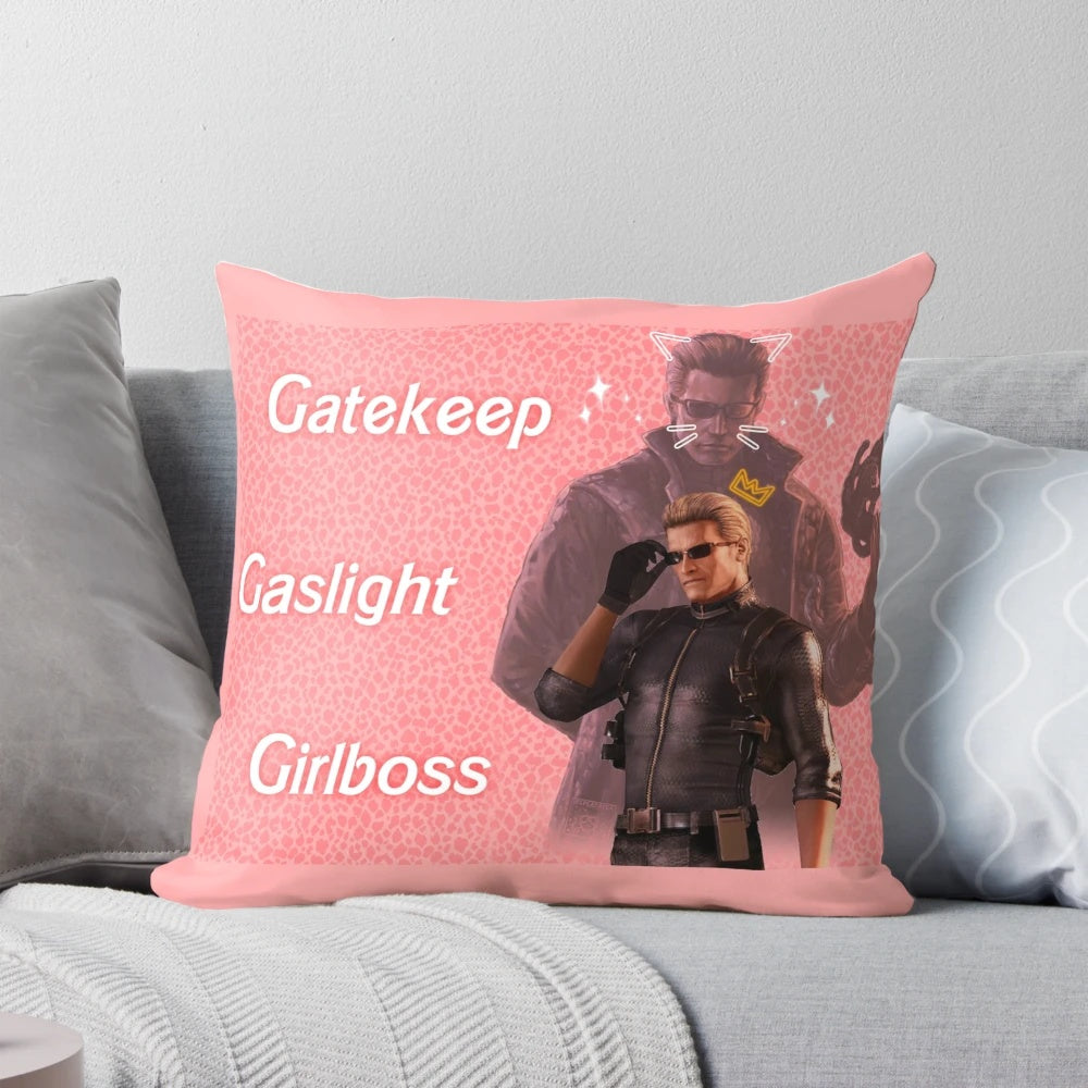 Resident Evil-inspired throw pillow featuring Albert Wesker's iconic "Gaslight, Gatekeep, Girlboss" meme