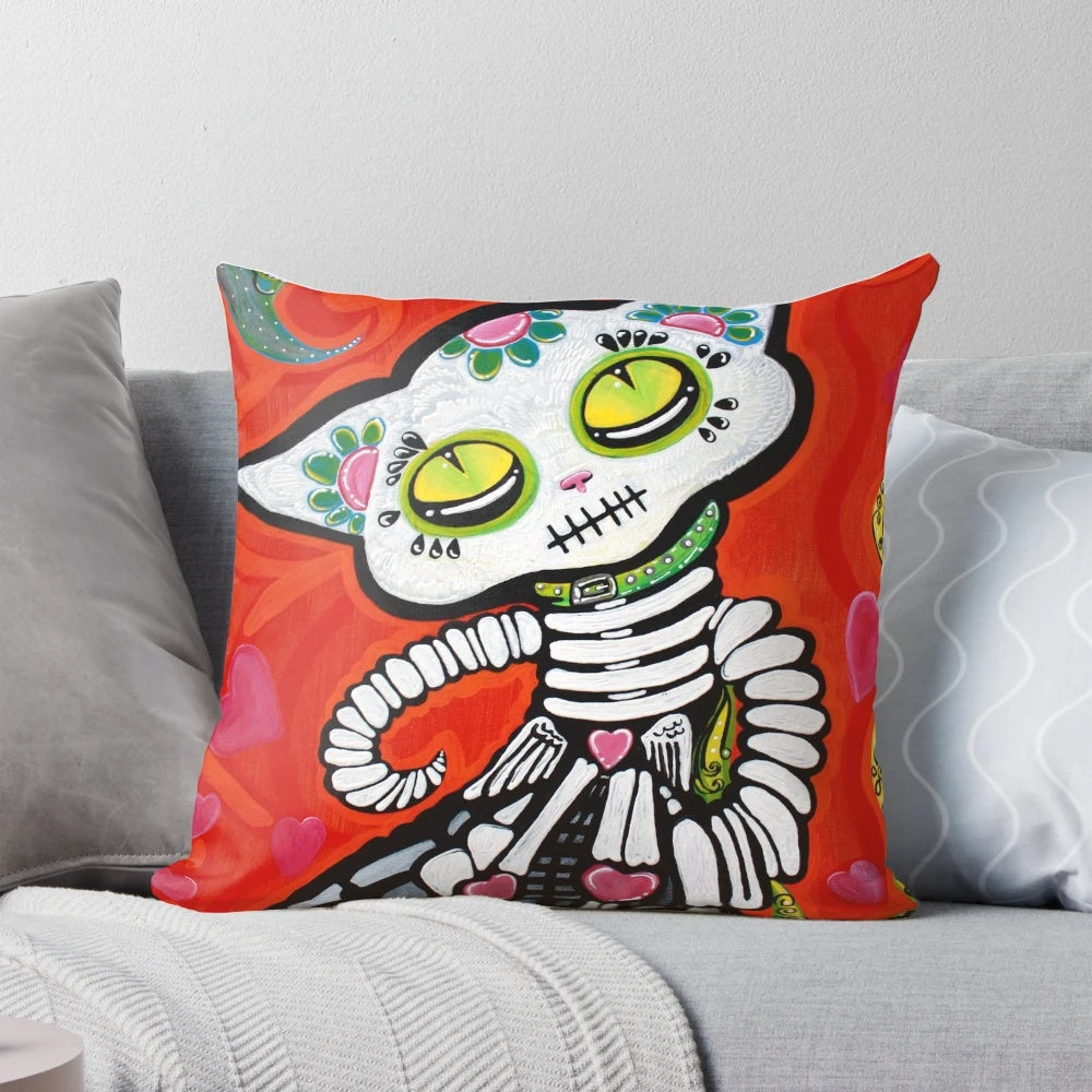Decorative Gato De Los Muertos pillow featuring a whimsical cat skeleton design for Day of the Dead celebrations.
