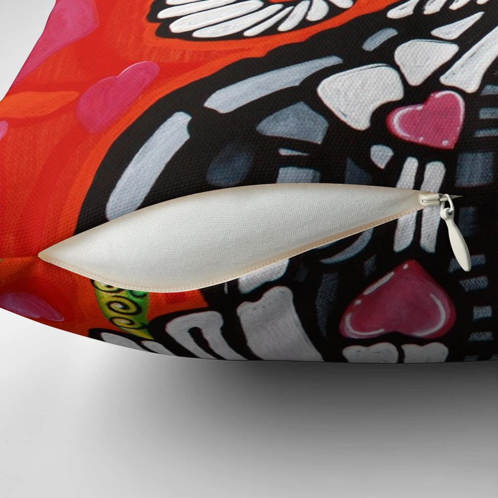 Decorative Gato De Los Muertos pillow featuring a whimsical cat skeleton design for Day of the Dead celebrations.