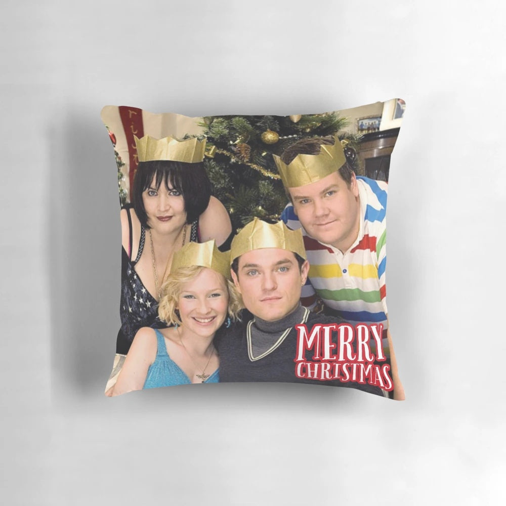 Gavin and Stacey Christmas Special Decorative Pillow featuring characters Nessa, Stacey, Gavin, and Smithy