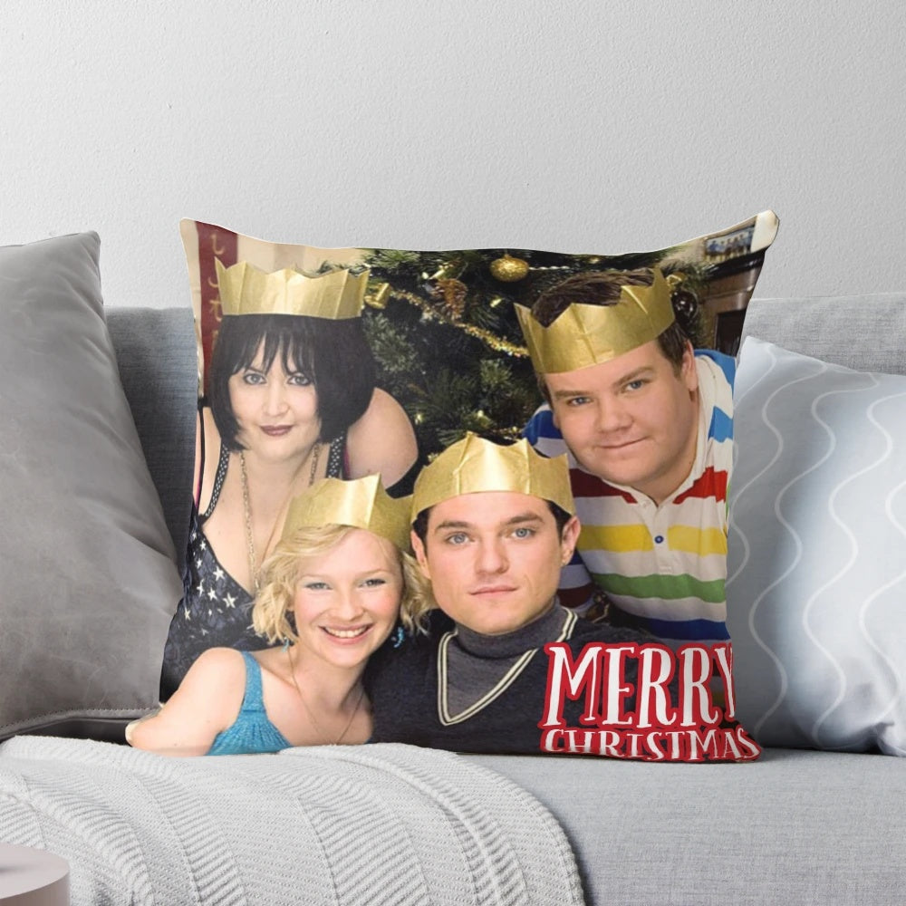 Gavin and Stacey Christmas Special Decorative Pillow featuring characters Nessa, Stacey, Gavin, and Smithy