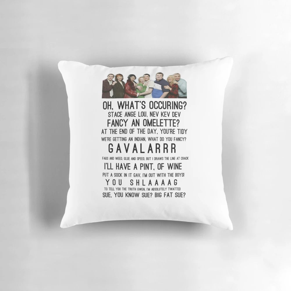 Gavin and Stacey inspired decorative cushion featuring characters and scenes from the popular BBC comedy series