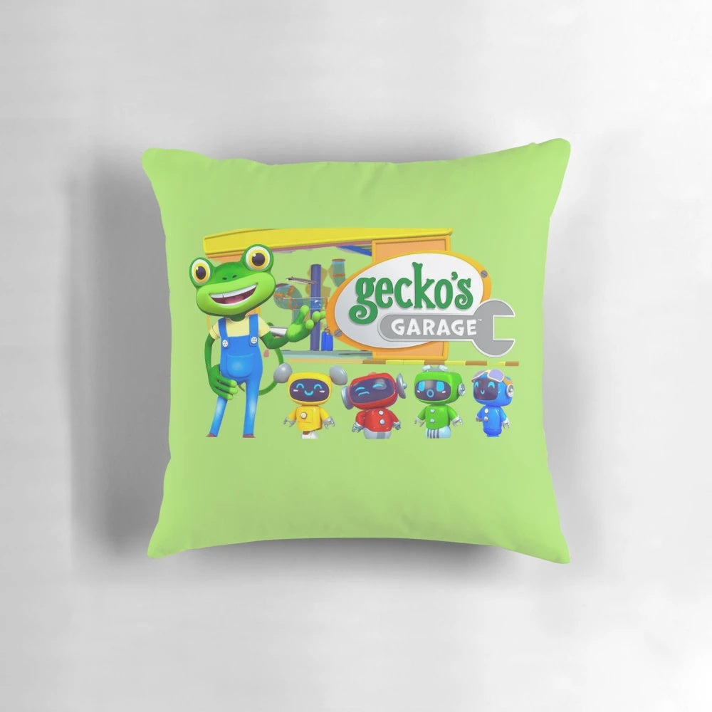 Gecko-themed kids' t-shirt and hoodie pattern printed on a decorative pillow