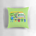 Gecko-themed kids' t-shirt and hoodie pattern printed on a decorative pillow