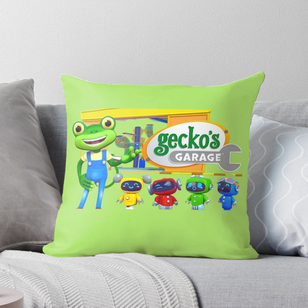 Gecko-themed kids' t-shirt and hoodie pattern printed on a decorative pillow