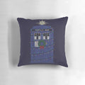 A cozy knitted pillow featuring the iconic Doctor Who police box design, perfect for festive sci-fi fans.