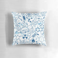 Colorful chemistry-themed pillow with scientific elements like beakers, test tubes, and atoms