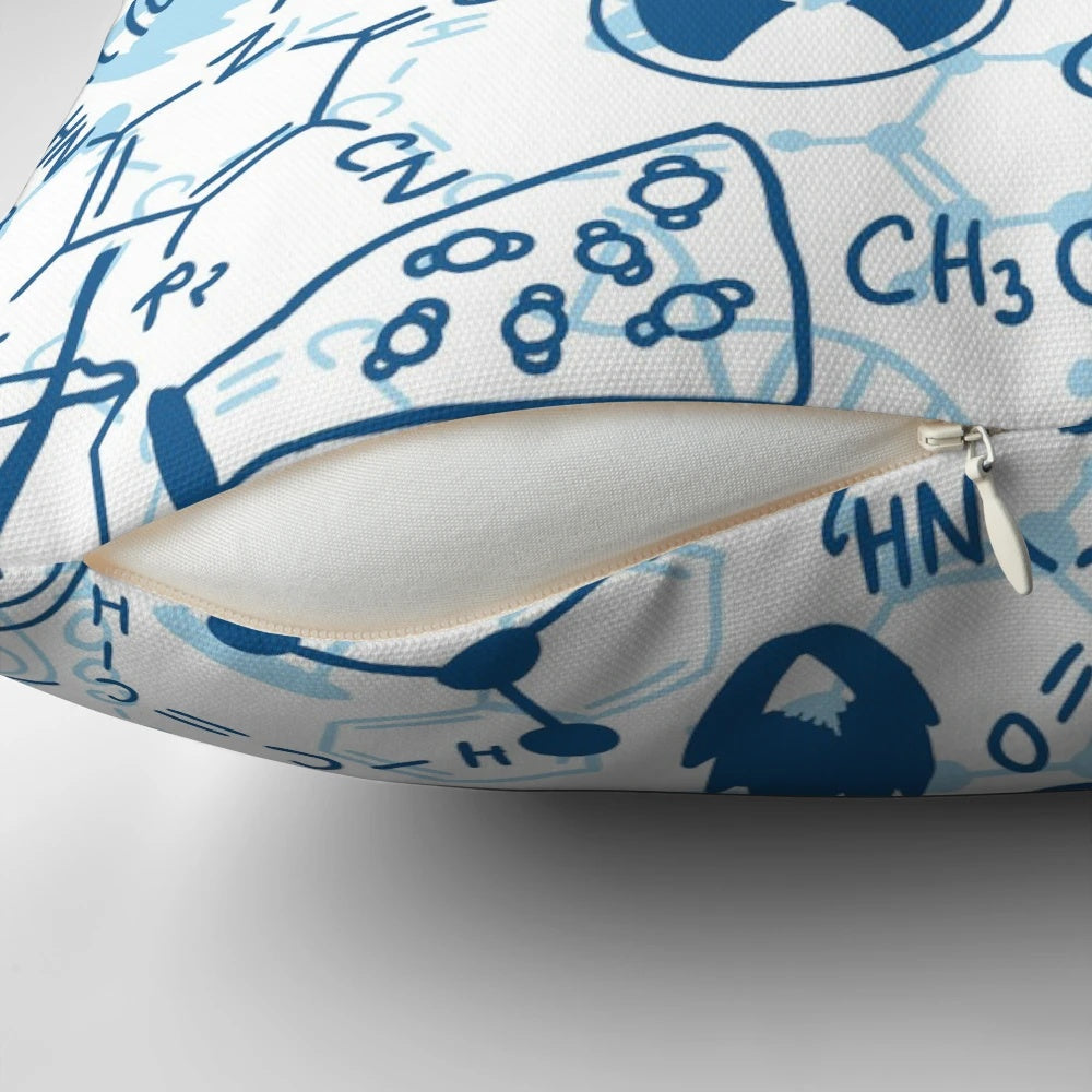 Colorful chemistry-themed pillow with scientific elements like beakers, test tubes, and atoms