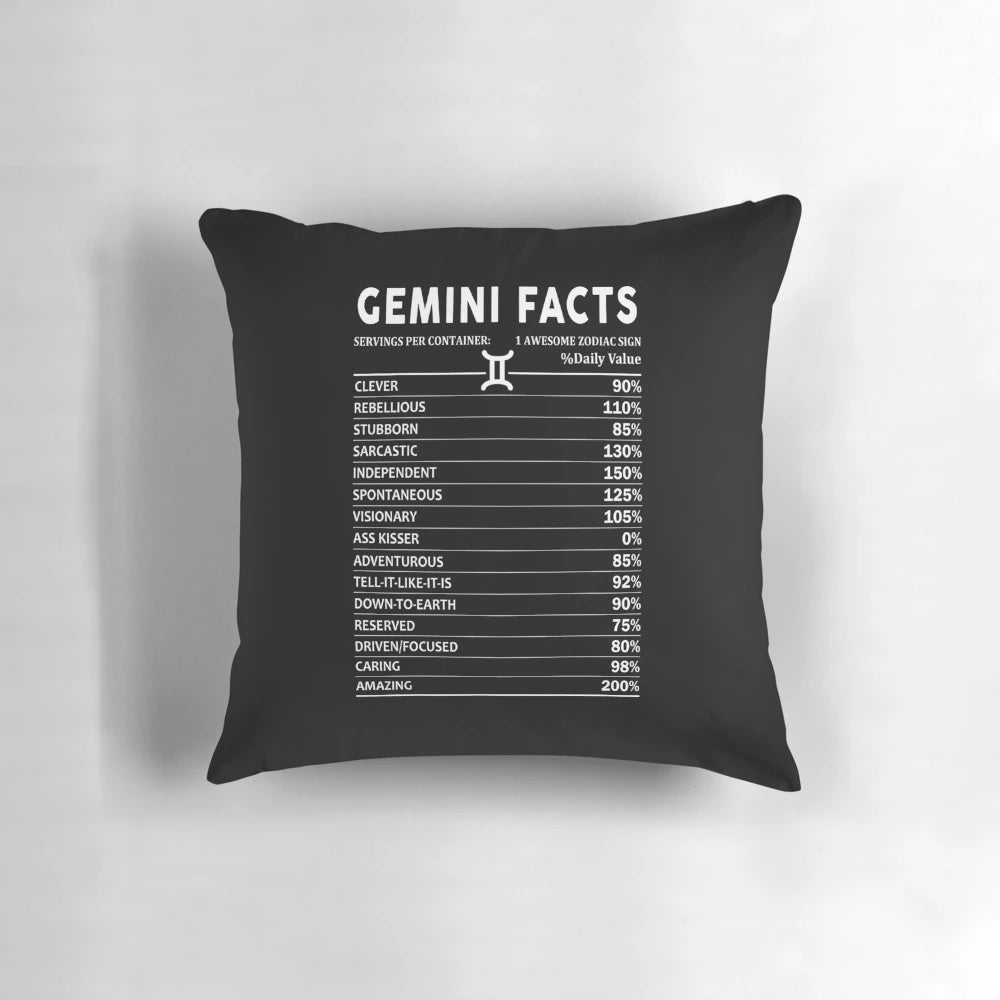 Gemini zodiac facts printed on a white decorative throw pillow