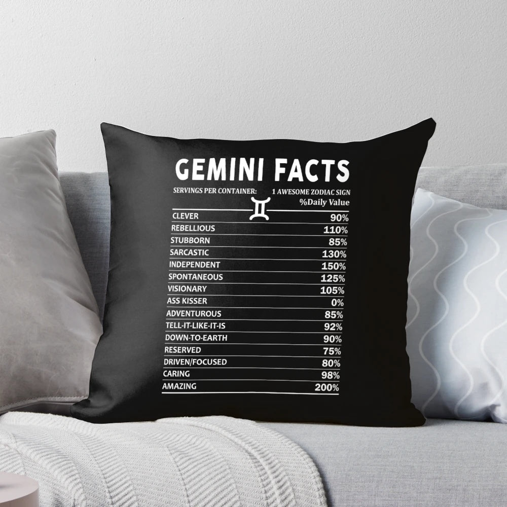 Gemini zodiac facts printed on a white decorative throw pillow