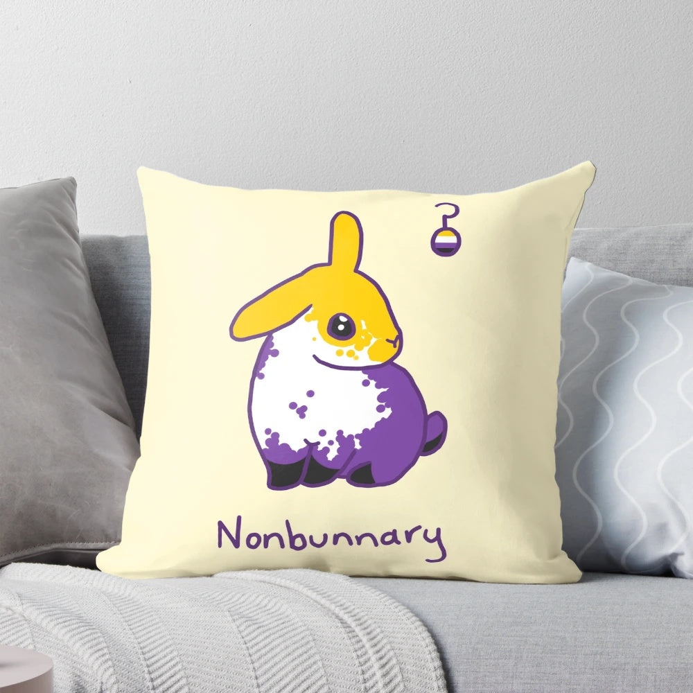 A soft, cozy nonbinary pillow in purple, yellow, white, and black colors featuring a gender-neutral bunny design for LGBTQ+ pride.