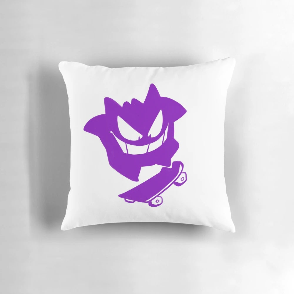 Soft, cozy Gengar-themed pillow with a skateboard design, perfect for anime and Pokemon fans.