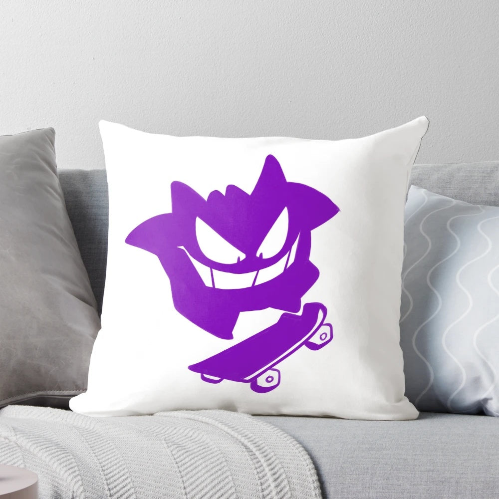 Soft, cozy Gengar-themed pillow with a skateboard design, perfect for anime and Pokemon fans.