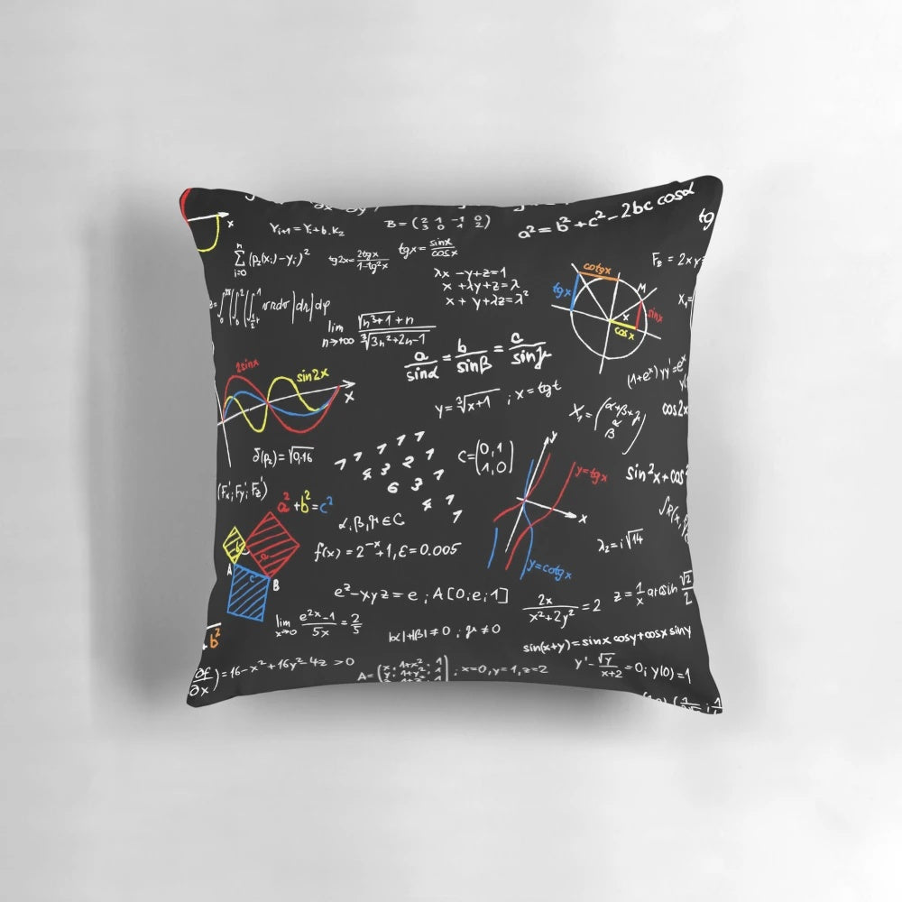 Plush pillow featuring physics and math equations, perfect for science enthusiasts.