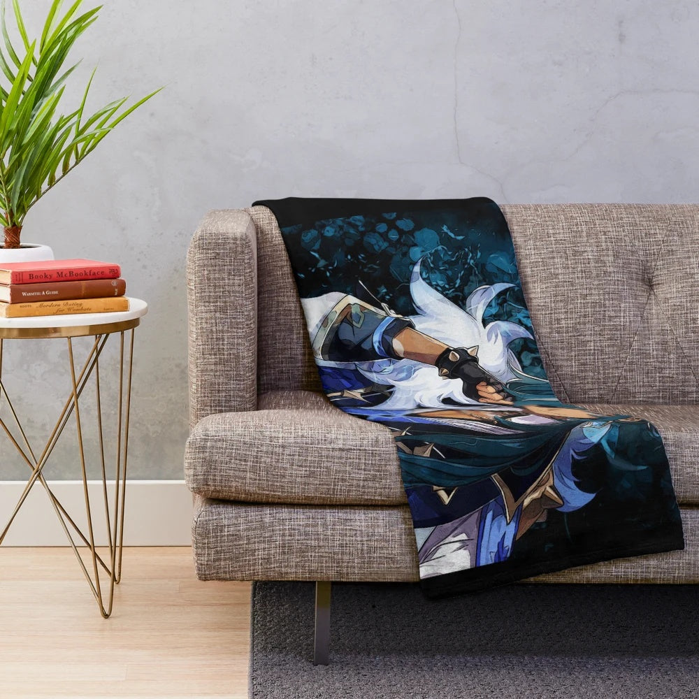 Genshin Impact inspired plush blanket featuring Paimon, Fischl, and other popular characters