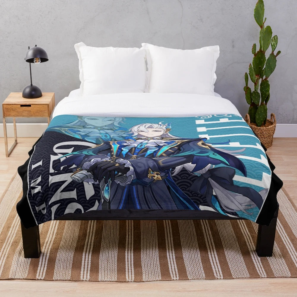 Genshin Impact inspired plush blanket featuring the Neuvillette character design
