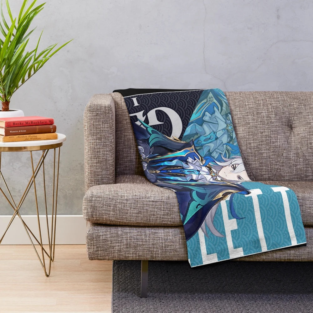 Genshin Impact inspired plush blanket featuring the Neuvillette character design