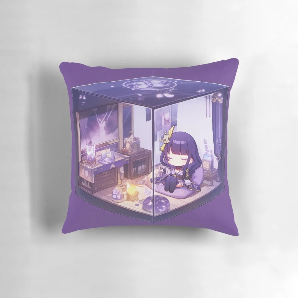 Raiden Shogun, the Electro Archon of Inazuma, in a charming chibi terrarium-inspired pillow design.