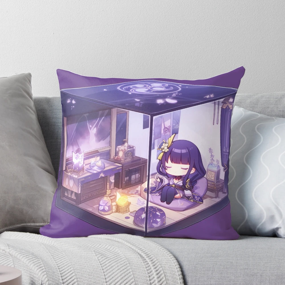 Raiden Shogun, the Electro Archon of Inazuma, in a charming chibi terrarium-inspired pillow design.