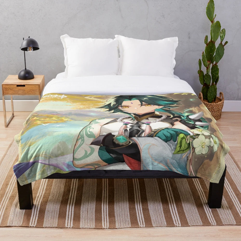 Genshin Impact Xiao Inspired Plush Blanket featuring the character's official artwork
