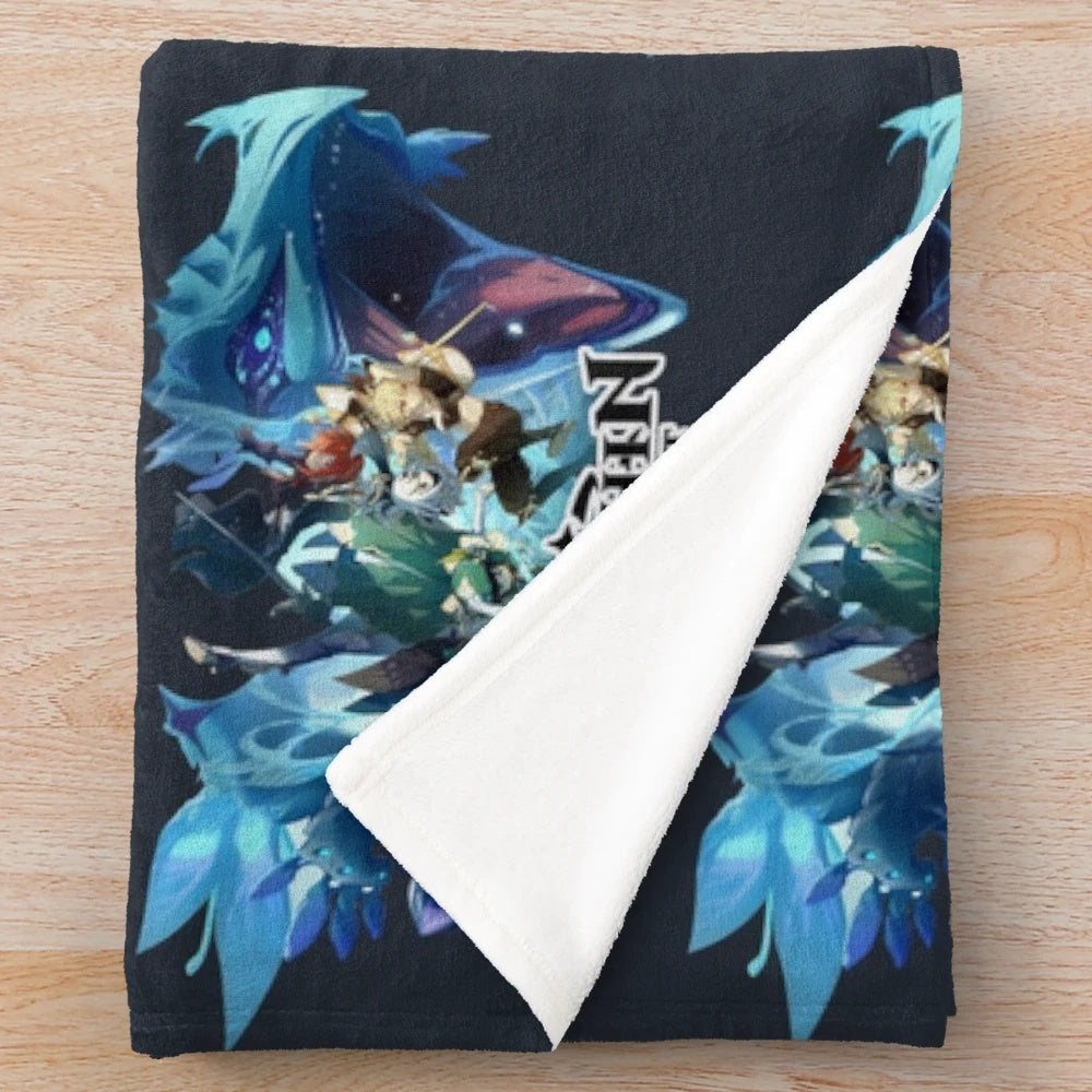 Genshin Impact-themed plush blanket featuring characters and designs from the popular RPG mobile game