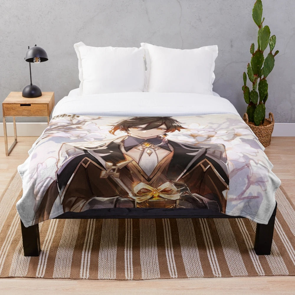 Genshin Impact Zhongli Plush Blanket with Anime-Style Artwork