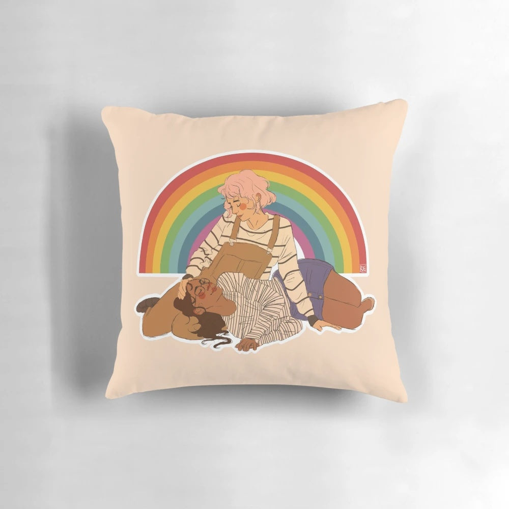 Soft and cozy pastel-colored pillow with the words "gentle love" on it, celebrating LGBTQ+ pride.