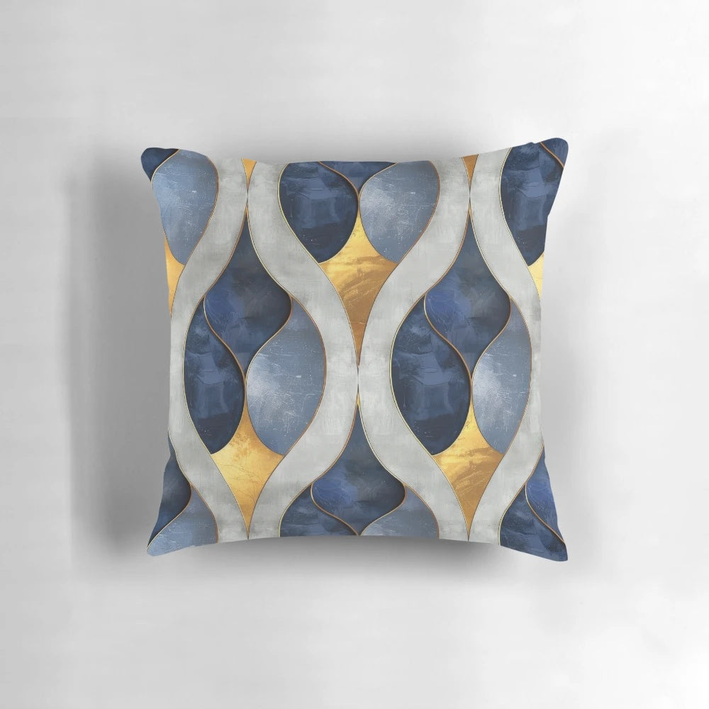 Geometric abstract blue, gold, and grey patterned throw pillow