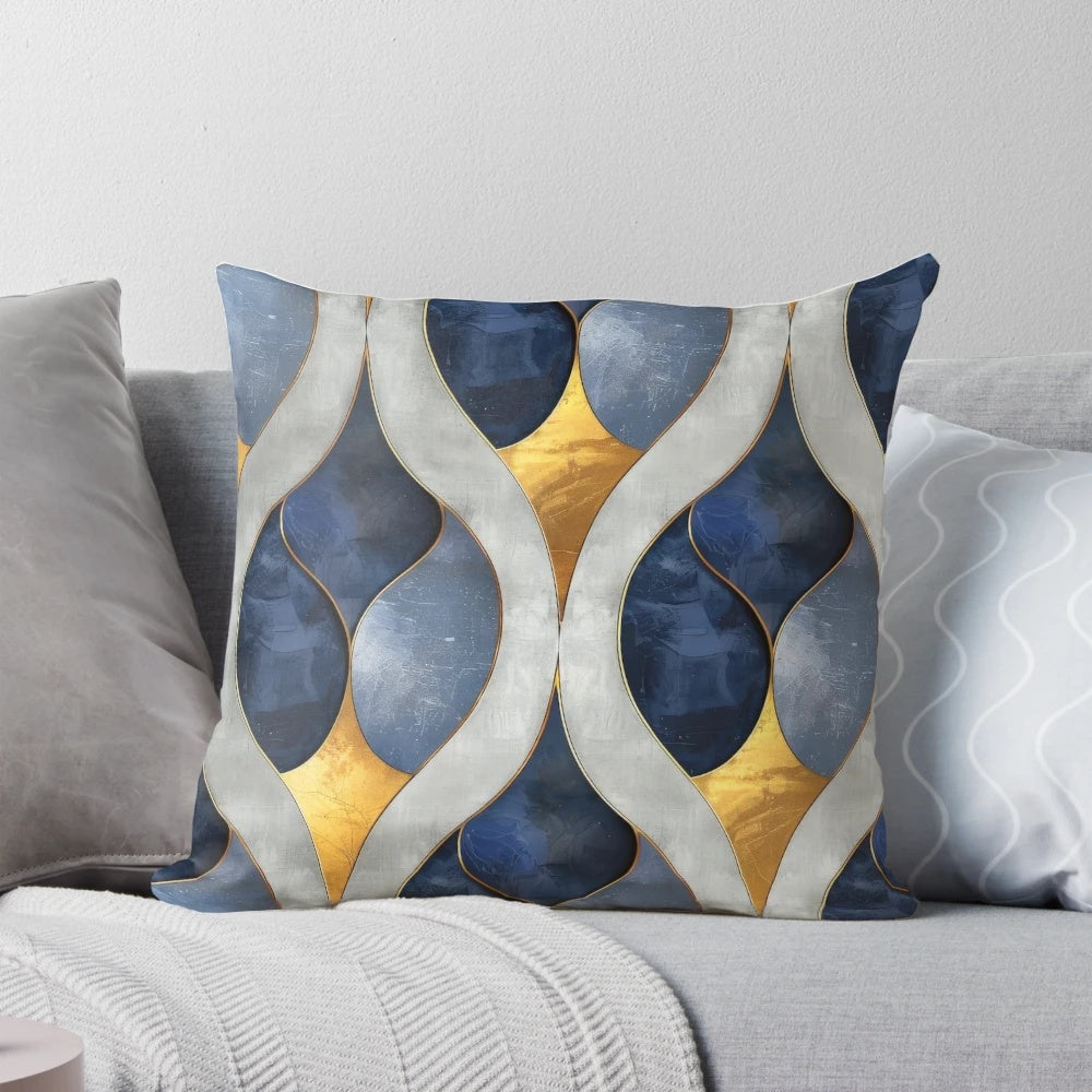 Geometric abstract blue, gold, and grey patterned throw pillow