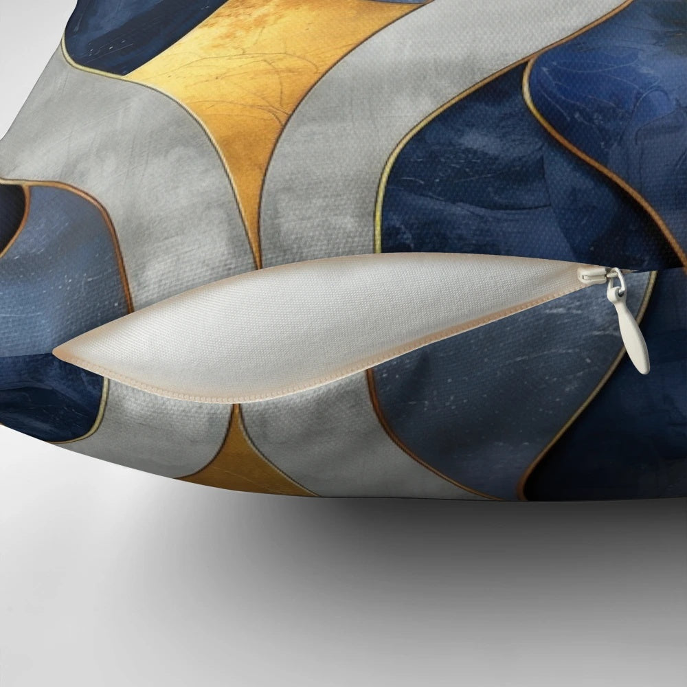 Geometric abstract blue, gold, and grey patterned throw pillow