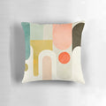 Geometric abstract design decorative throw pillow in bright pink, red, mint, and beige colors