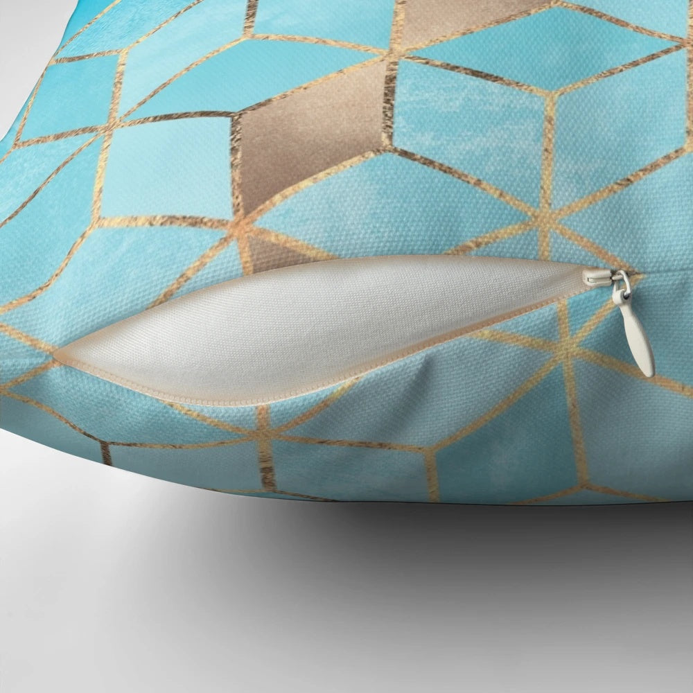 Decorative pillow featuring a modern geometric cubist design in shades of blue and gold
