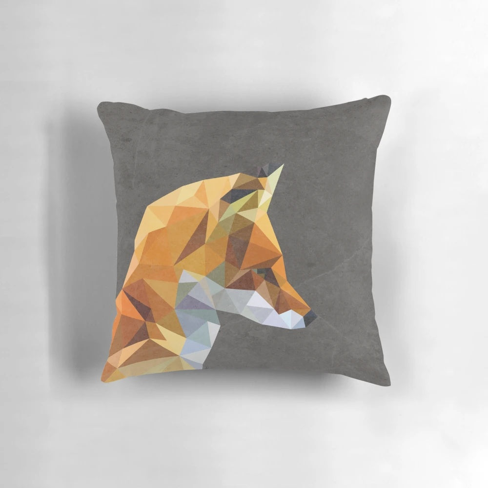 Geometric fox-themed throw pillow in orange and white colors