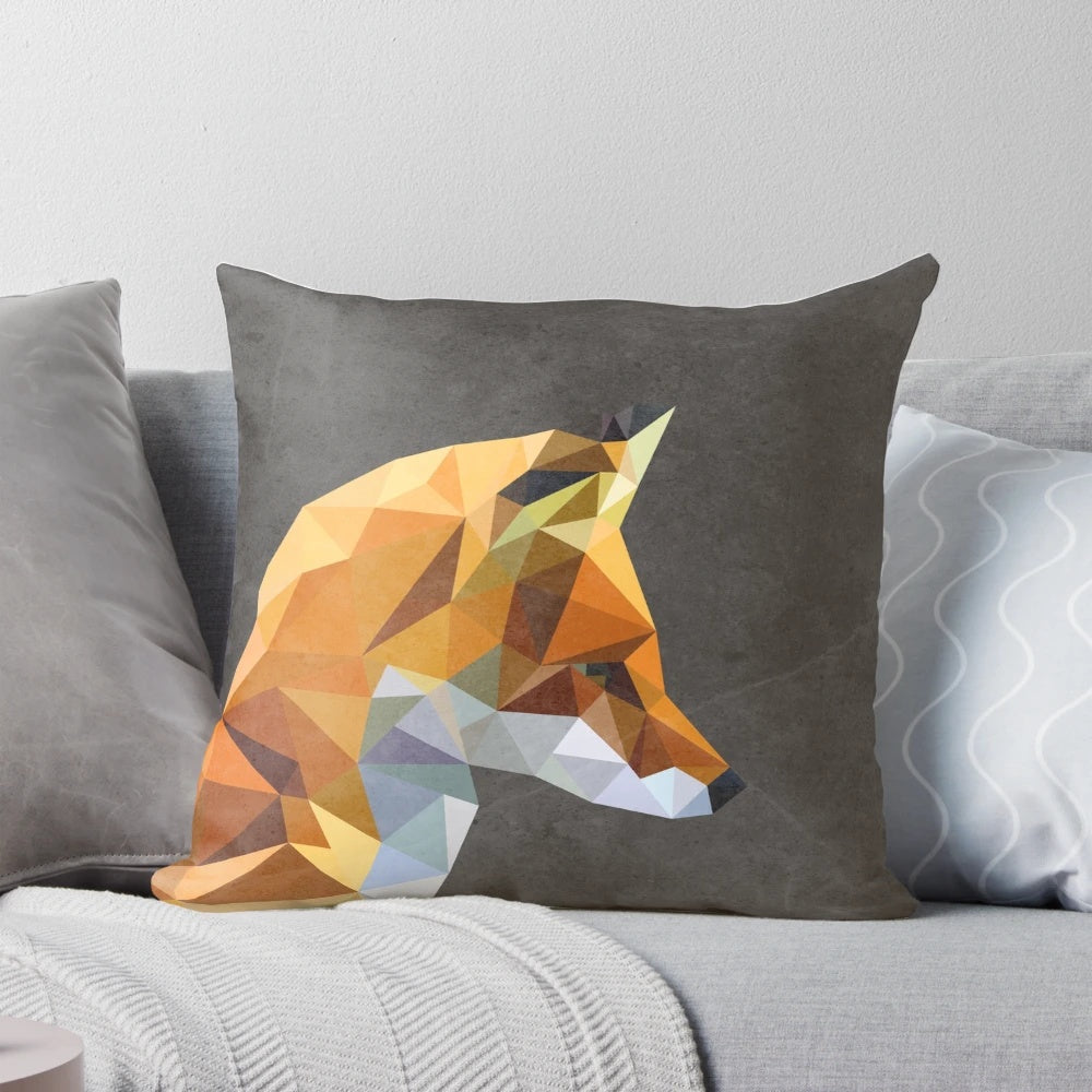 Geometric fox-themed throw pillow in orange and white colors