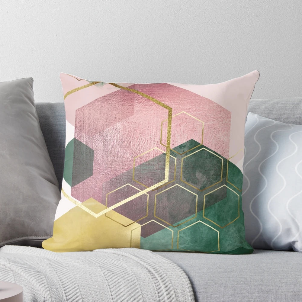 Emerald green and pastel pink geometric pattern accent pillow