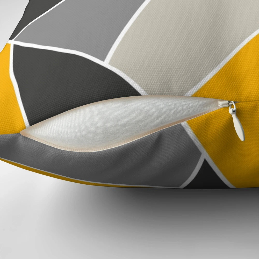 Geometric line mustard grey design pillow with a modern mosaic pattern.