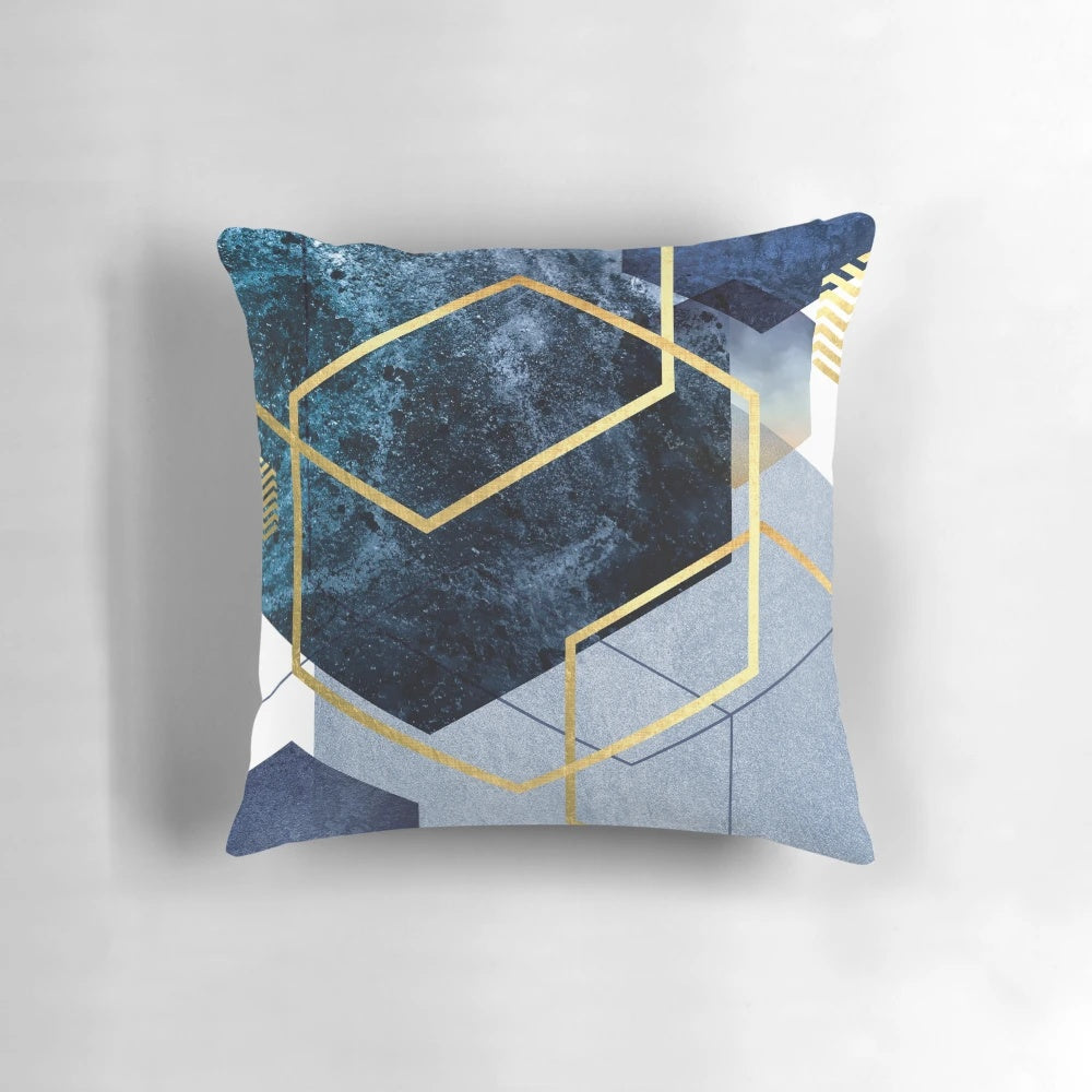 Navy and gold geometric pattern decorative throw pillow